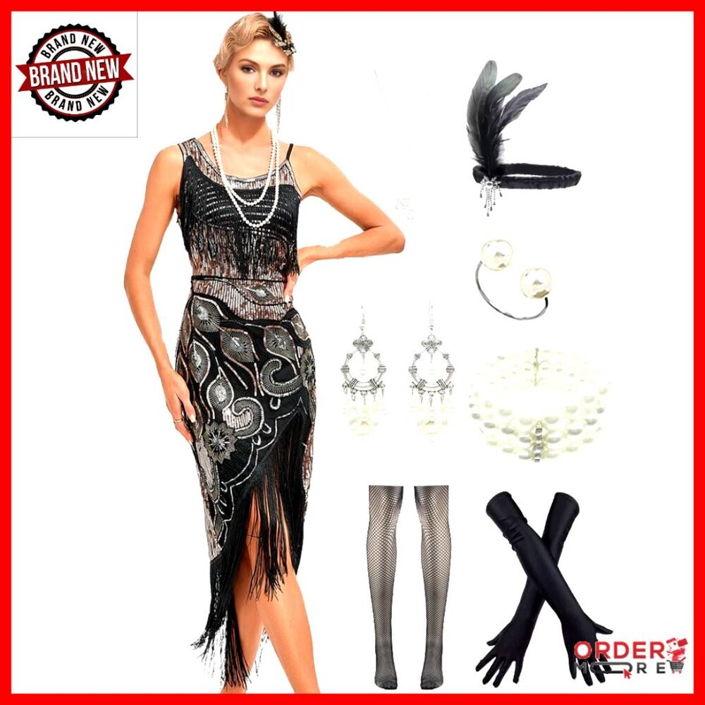 Sequined Beaded Flapper Dress with Fringe and Accessories Set
